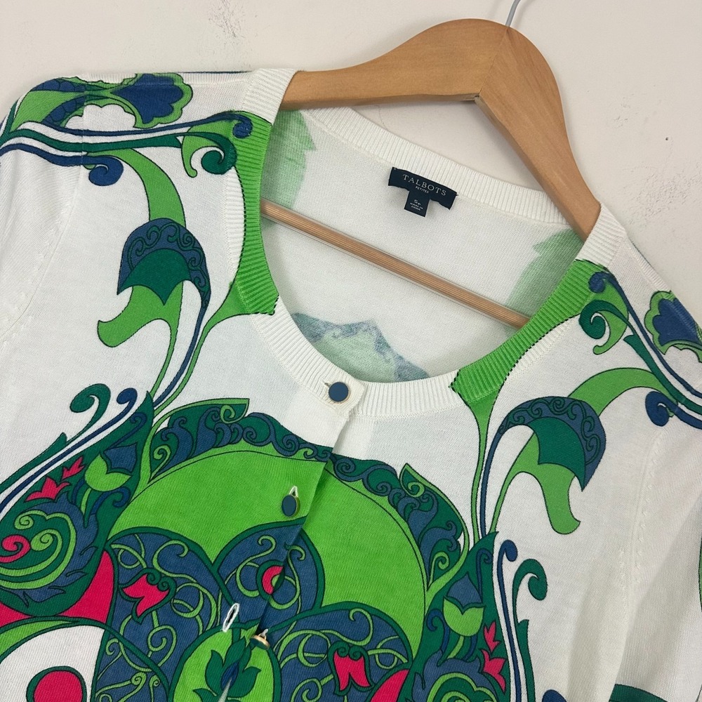 Talbots Cardigan Sweater Green Artsy Abstract Floral Knit Button Front Womens PS